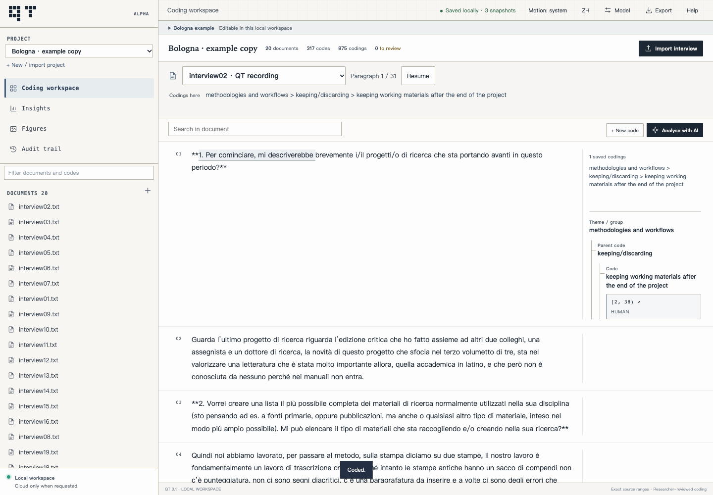 One demonstration coding saved in the Bologna copy, with its full theme and code path.