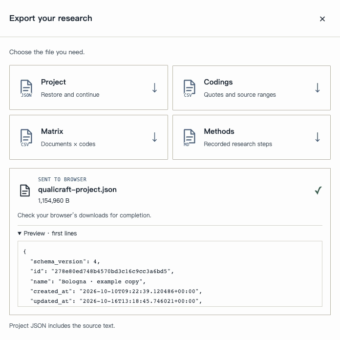 A verified project JSON download in QT: filename, bytes and content preview. This recording predates coded transcript HTML and Word.